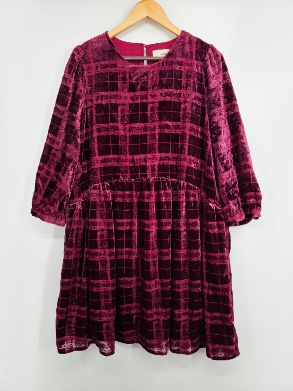 The Korner Wine Velvet Plaid Dress L 3/4 Sleeve Babydoll Pockets